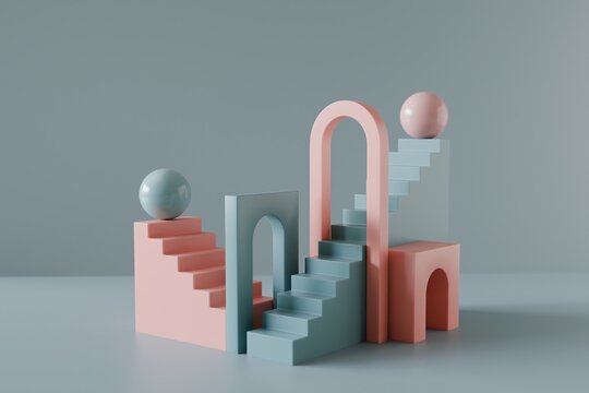 Abstract pastel staircase structures in minimal 3D scene