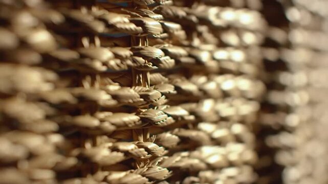 Macro view of tightly woven natural material creates a textured background, highlighting the rustic and earthy patterns.