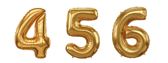 Set shiny gold foil balloon in the shape of number 4, 5, 6, isolated on white background