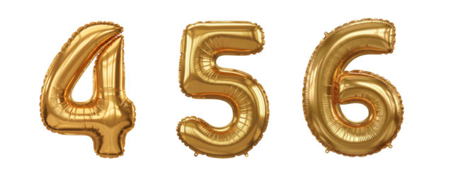 Set shiny gold foil balloon in the shape of number 4, 5, 6, isolated on white background