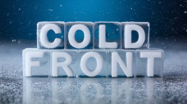 Cold Front winter title animation with snow, ice block letters - a snowstorm 3d animated text sequence for severe winter storm alert or report - widescreen, 16:9, horizontal