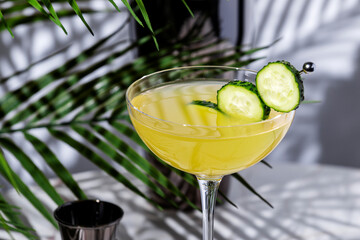 Enjoy cucumber gimlet cocktail drink with gin, syrup, lime juice and cucumber wheels with steel bar tools