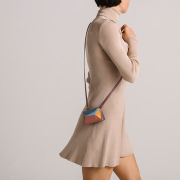Stylish Beige Dress With Colorful Geometric Mini Shoulder Bag