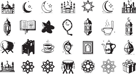 Obraz premium Comprehensive Islamic and Ramadan Vector Icon Set with Mosques, Lanterns, Quran, and Traditional Symbols