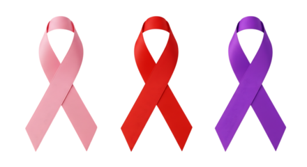 3d Three awareness ribbons in pink red and purple isolated on transparent background