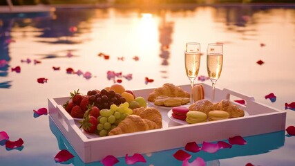 Romantic Floating Breakfast Tray with Fruits, Pastries, and Champagne in Pool at Sunset - Powered by Adobe