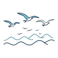 Seagulls Flying Over the Sea – Coastal Bird Minimal Vector Art