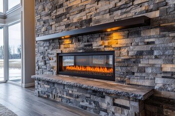 Stone wall with rectangular electric fireplace and top shelf for ember catch, warm ambient lighting in cozy architectural setting