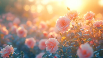 Soft pink roses bathed in golden sunlight