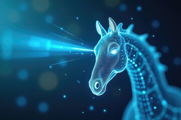 Digital horse head with glowing light effect.