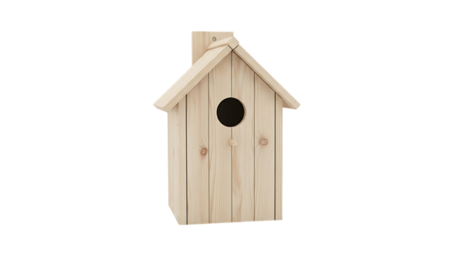 3d Simple wooden birdhouse with oval entrance isolated on transparent background