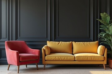 Modern living room interior with a red armchair and mustard yellow sofa.