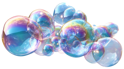 Cluster of iridescent soap bubbles with vibrant rainbow reflections