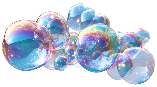 Cluster of iridescent soap bubbles with vibrant rainbow reflections