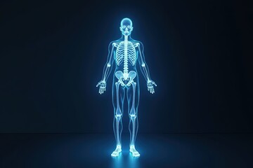 3d rendering of a human skeleton against a dark background.