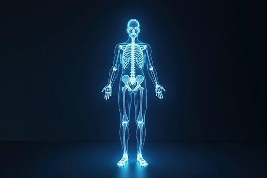 3d rendering of a human skeleton against a dark background.