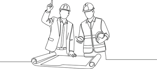 Construction planning meeting, architects discussing blueprint, engineer collaboration line drawing, site development teamwork, architectural project design, minimal outline illustration