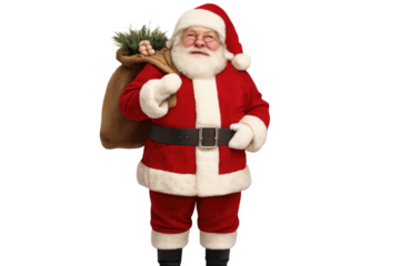 Santa claus carrying sack of gifts on transparent background
