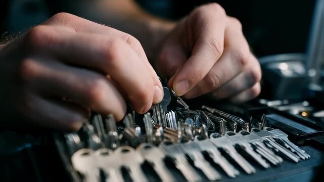 Professional locksmith selecting key blanks at a compact mobile workstation preparing to duplicate keys for residential or automotive locks.