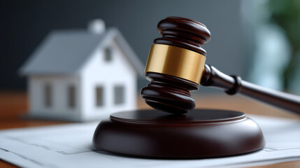 Obraz premium Estate law planning. Estate law planning with wooden gavel and house model on document showing legal and financial focus