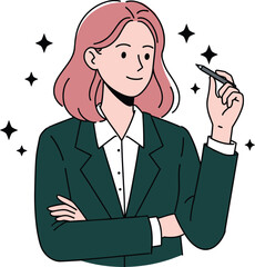 Confident businesswoman with pen in hand, successful career woman in suit, leadership concept, inspiration, creativity, motivation, cartoon vector illustration on white background