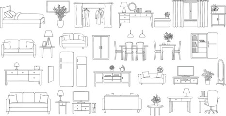 Collection of stylish and modern line drawings of home furniture including sofa, bed, dresser, table, wardrobe, kitchen appliance, plant pot, lamp, and office decor