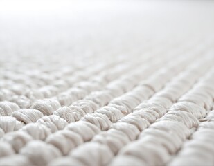 Fototapeta premium A close-up view of soft, fluffy white yarn delicately arranged on a cozy bed, with a textured blanket and gentle sunlight filtering through nearby curtains.