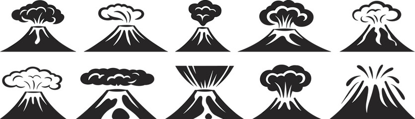 Collection of volcanic eruption and explosion icons, silhouette volcanic symbols with smoke and lava, mountain eruption symbols for natural disaster, eruption and volcano silhouette illustrations
