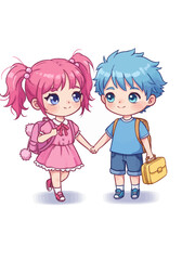 Cartoon Boy and Girl Holding Hands, Ready for School