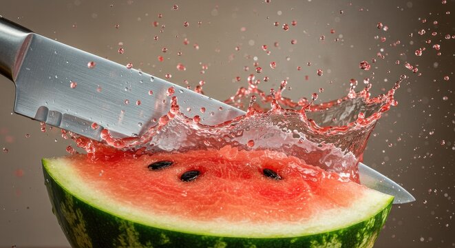 Explosive Slice: A Steel Knife Cuts a Watermelon, Freezing a Dramatic Juice Splash.