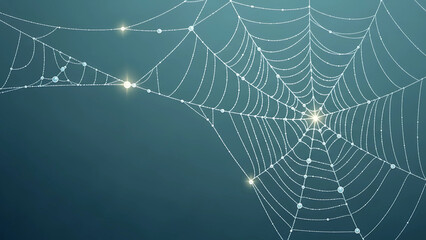 An intricate spiderweb with sparkling dew drops against a dark teal background.