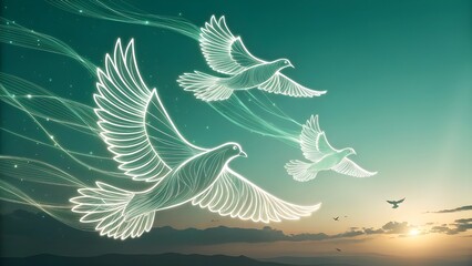 Elegant doves flying high towards a vibrant sunrise, radiating freedom and peace in a serene sky
