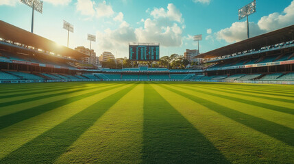 Vibrant Cricket Stadium with Clean Grass and Clear Blue Sky