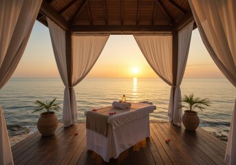 Plakat Massage table under gazebo with white curtains overlooking ocean at sunset creating a peaceful scene