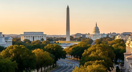 Washington DC skyline at sunset with monuments and landmarks in cityscape