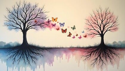 Two trees with butterflies flying between them in watercolor style