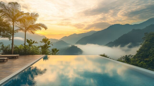 Luxury infinity pool overlooking misty mountain range at sunrise, pristine water surface reflecting golden sky clouds, lush tropical vegetation bordering pool edge, soft morning fog rolling through