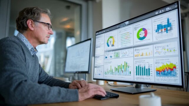 Facility management professional analyzing digital dashboard displaying HVAC performance and utility consumption data to optimize building services efficiency.