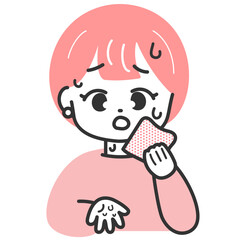 たくさん汗をかいて困っている若い女性のイラスト