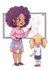 Cartoon Teacher Explaining Math to Student at Whiteboard with Equations