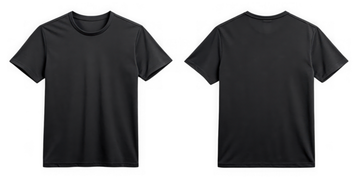 Front and back view of a plain black shortsleeved tshirt isolated on transparent background