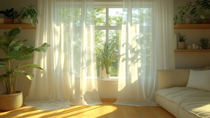 Fototapeta premium Sunny living room with sheer curtains and plants