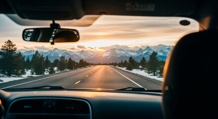 Road Trip through Mountainous Landscape with a Stunning Sunset View