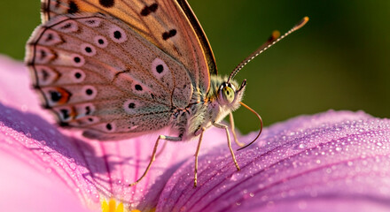 Obraz premium Macro Shot of a Butterfly Resting on a Pink Flower Petal