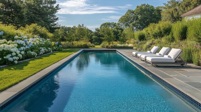 Pristine gunite swimming pool with aqua blue water reflecting sunlight, manicured garden borders with hydrangeas and ornamental grasses, premium teak lounge chairs with white cushions, natural stone