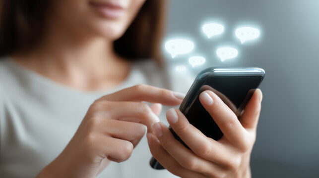 AI customer support ecommerce. Woman hand holding smartphone, chatting with digital message bubbles, communication, technology