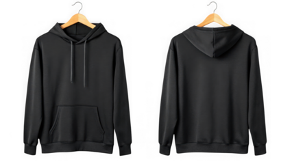 Front and back view of a black hoodie sweatshirt isolated on transparent background