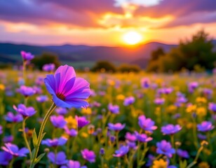 Fototapeta premium Tranquil Purple Flower Field with Vibrant Sky