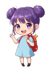 Cute Chibi Girl with Purple Hair and Backpack Waving