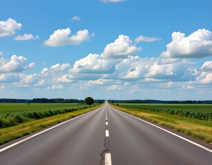 Scenic Road with Lush Fields and Clouds